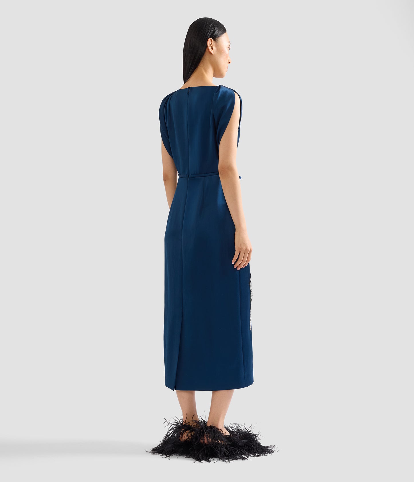 Embroidered Satin Short Sleeve Midi Dress