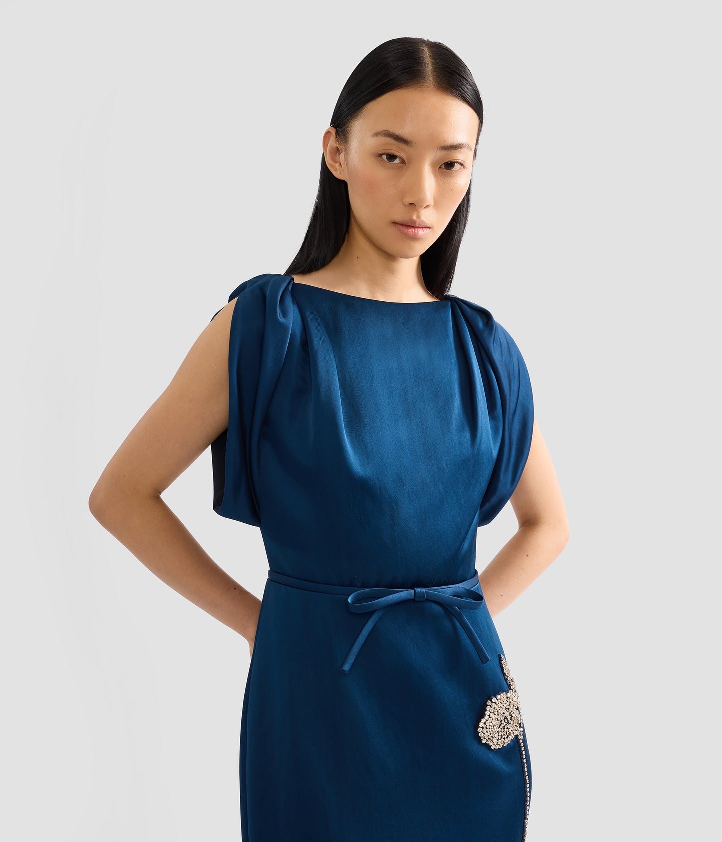 Embroidered Satin Short Sleeve Midi Dress