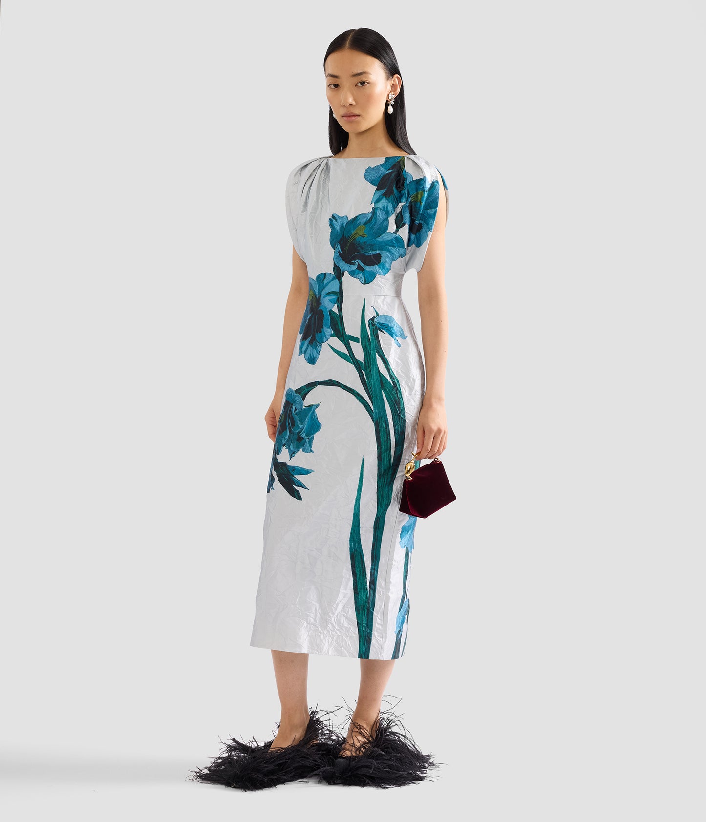 Floral Textured Satin Short Sleeve Midi Dress