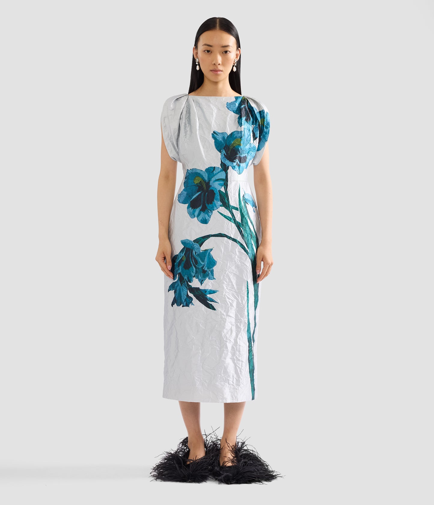 Floral Textured Satin Short Sleeve Midi Dress