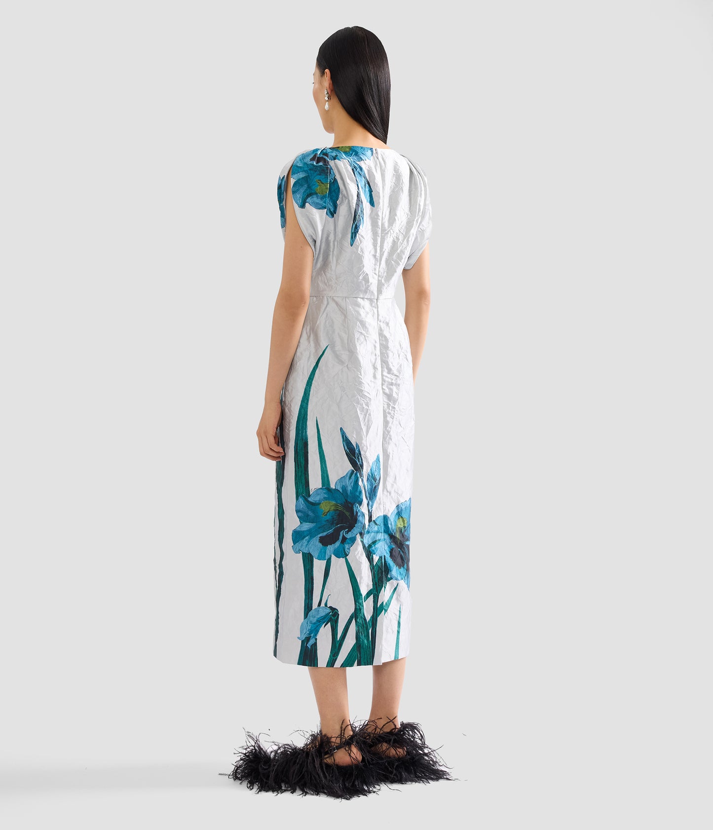 Floral Textured Satin Short Sleeve Midi Dress