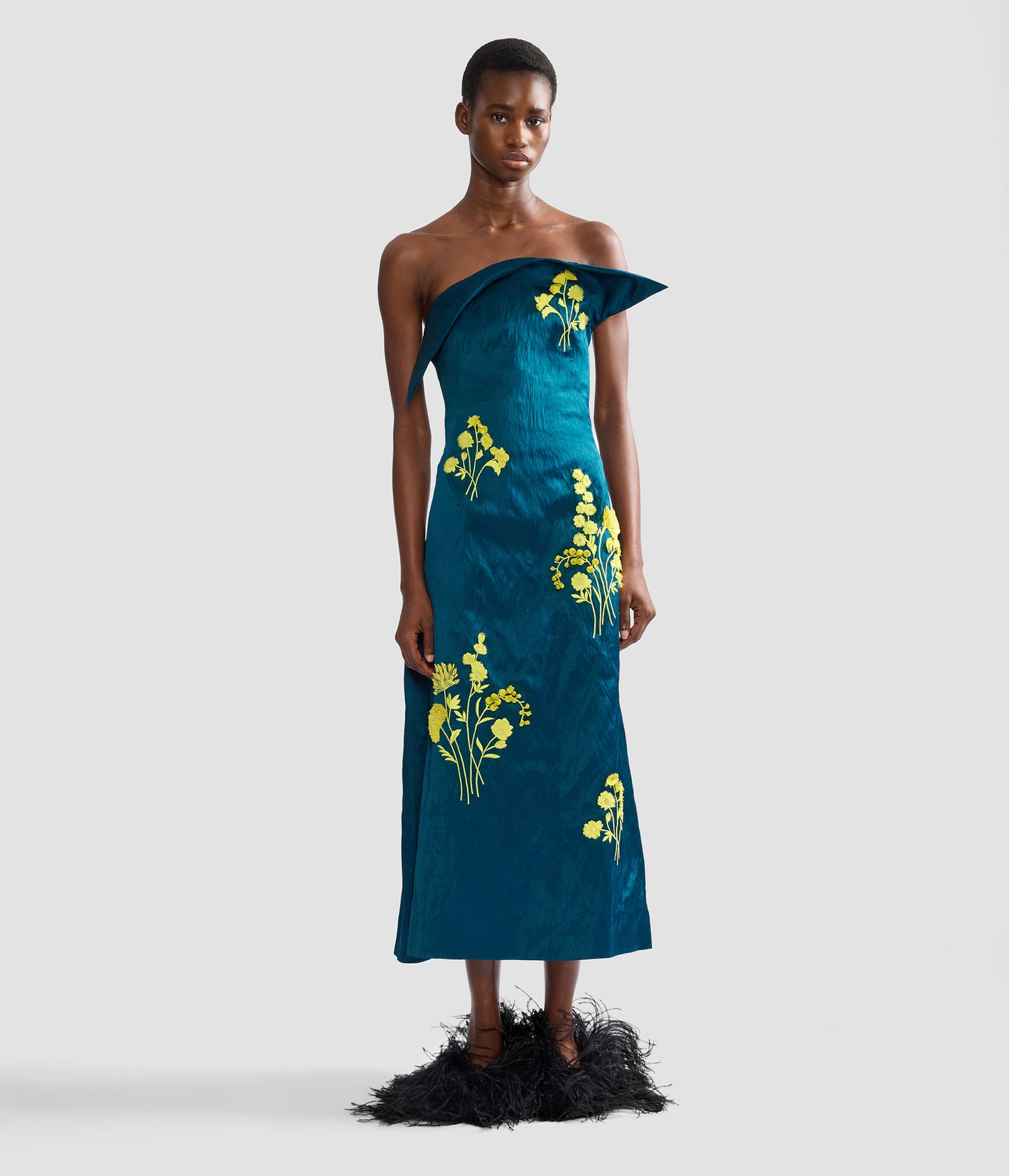 Embroidered Textured Satin Midi Pencil Dress