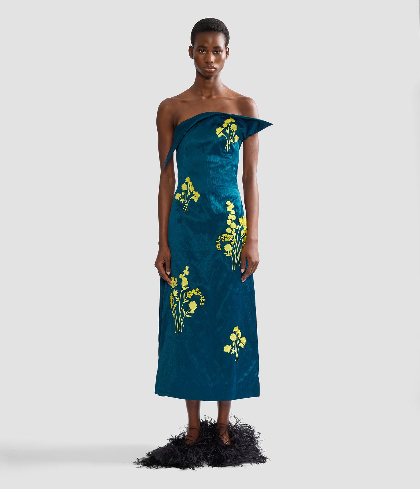 Embroidered Textured Satin Midi Pencil Dress
