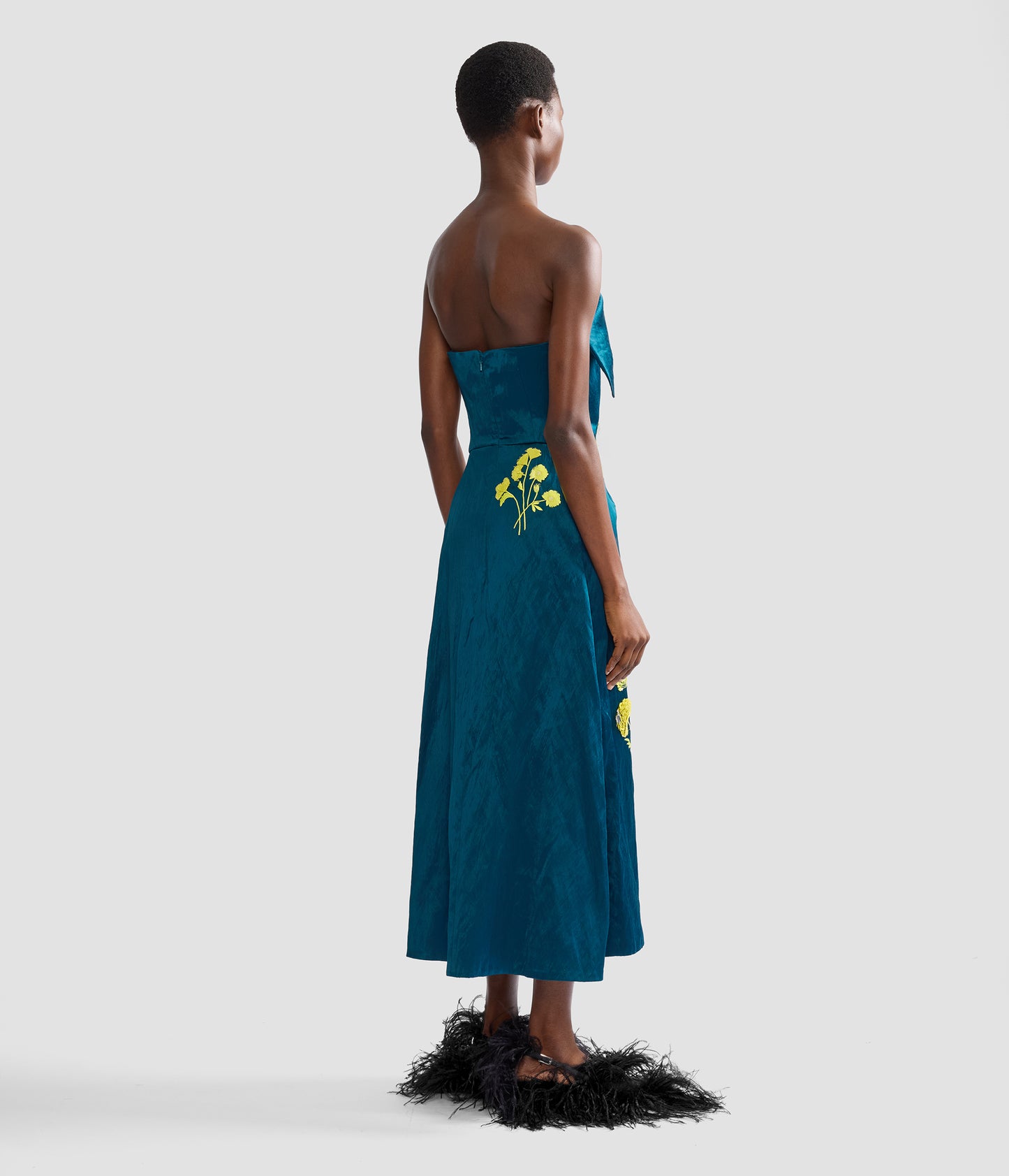 Embroidered Textured Satin Midi Pencil Dress