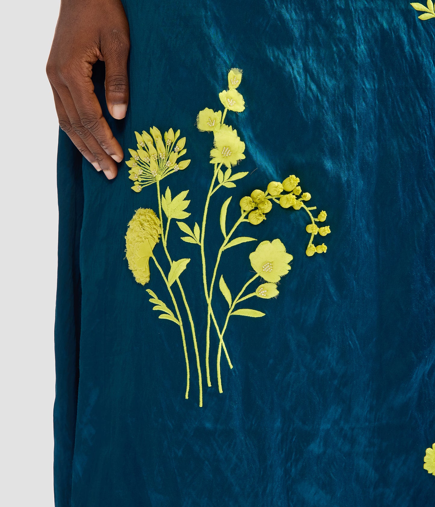 Embroidered Textured Satin Midi Pencil Dress