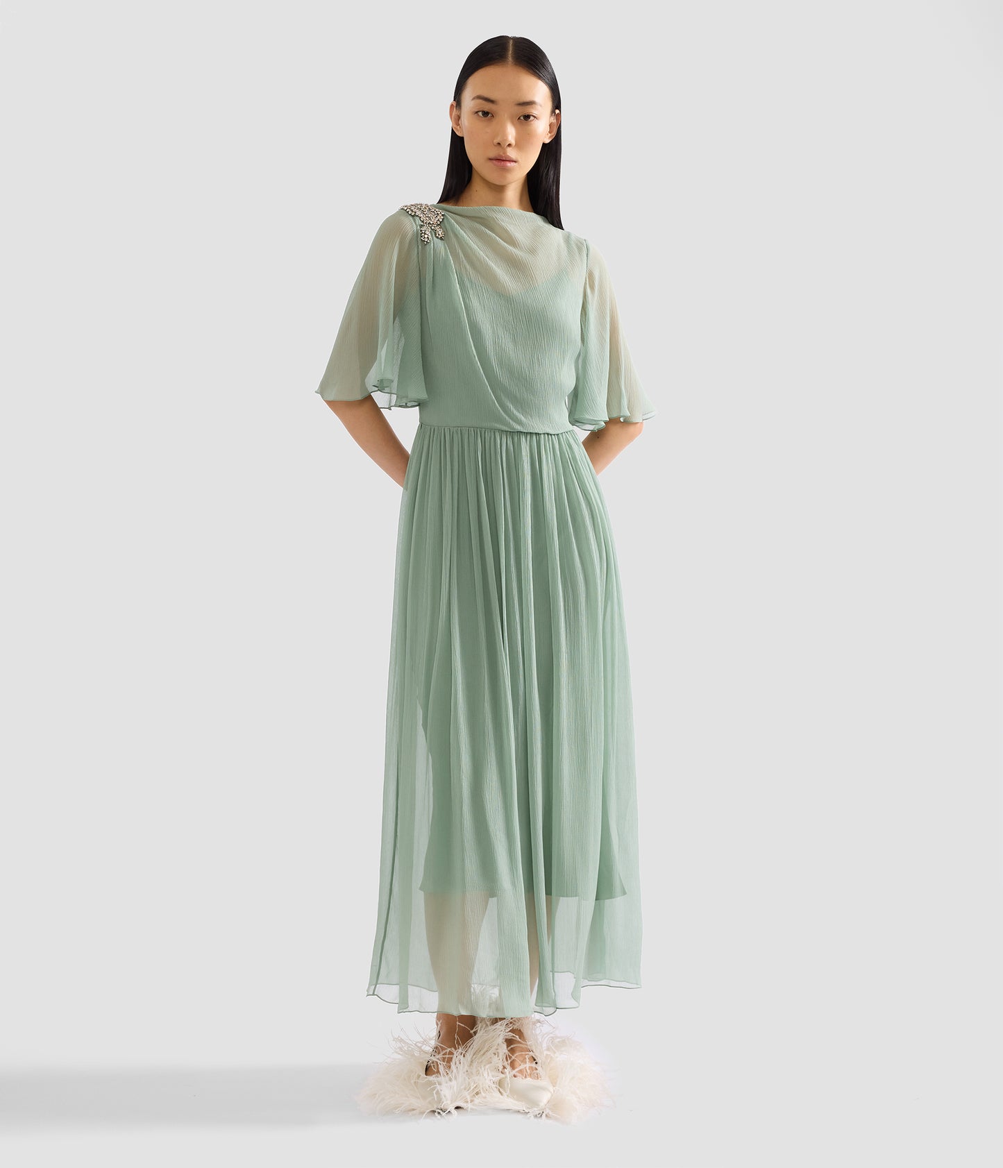 Embellished Silk Creponne Short Sleeve Midi Dress