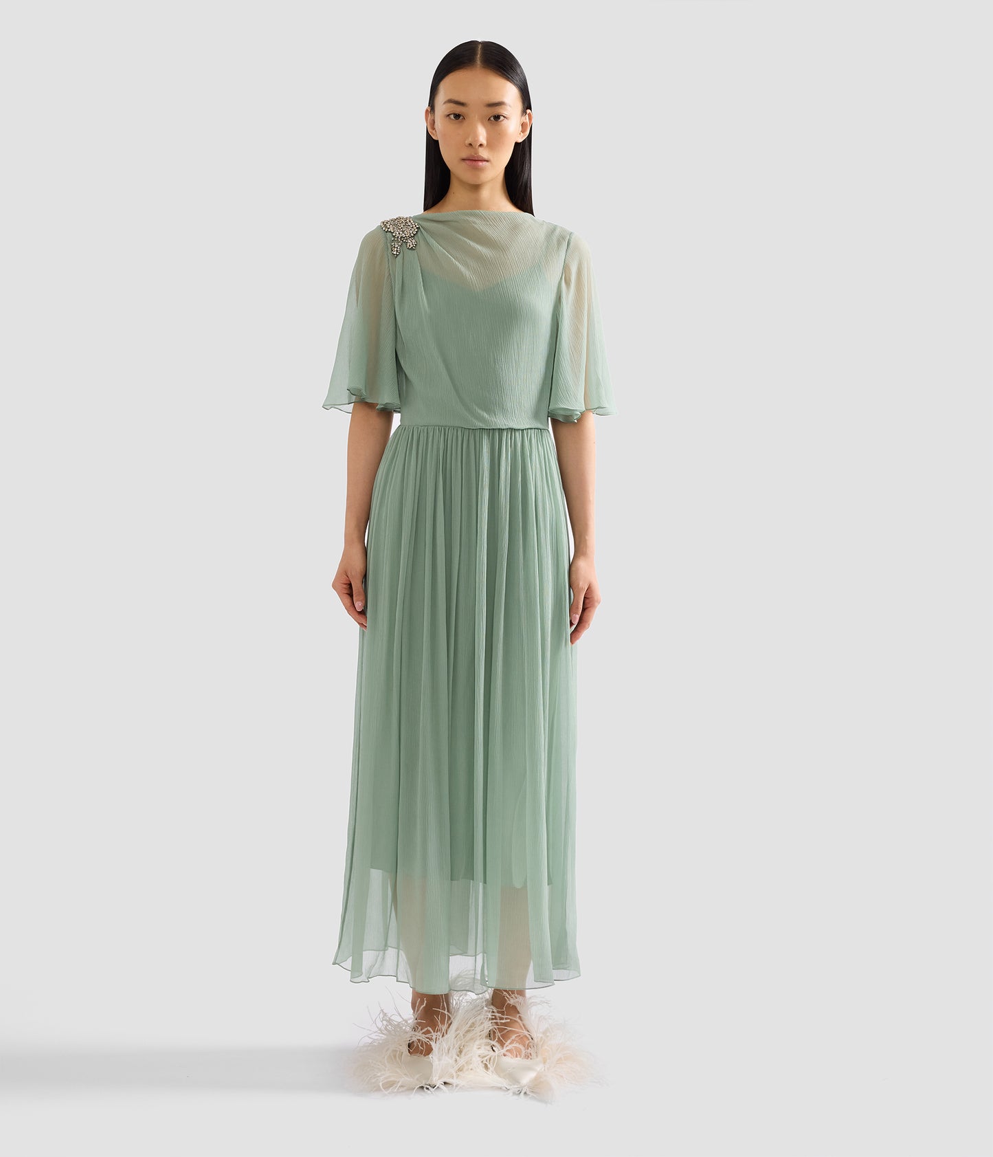 Embellished Silk Creponne Short Sleeve Midi Dress
