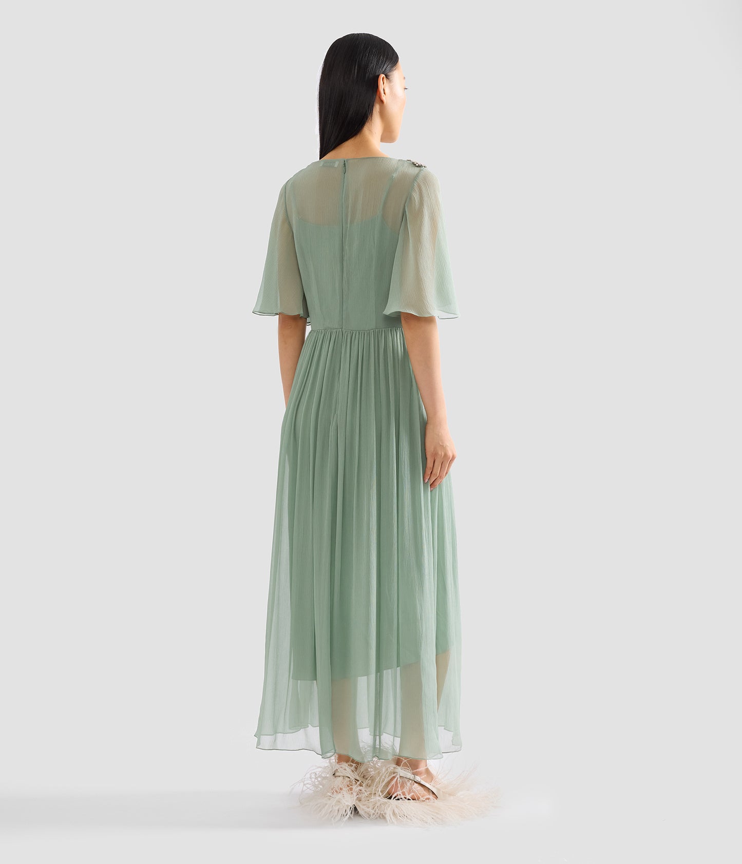 Embellished Silk Creponne Short Sleeve Midi Dress