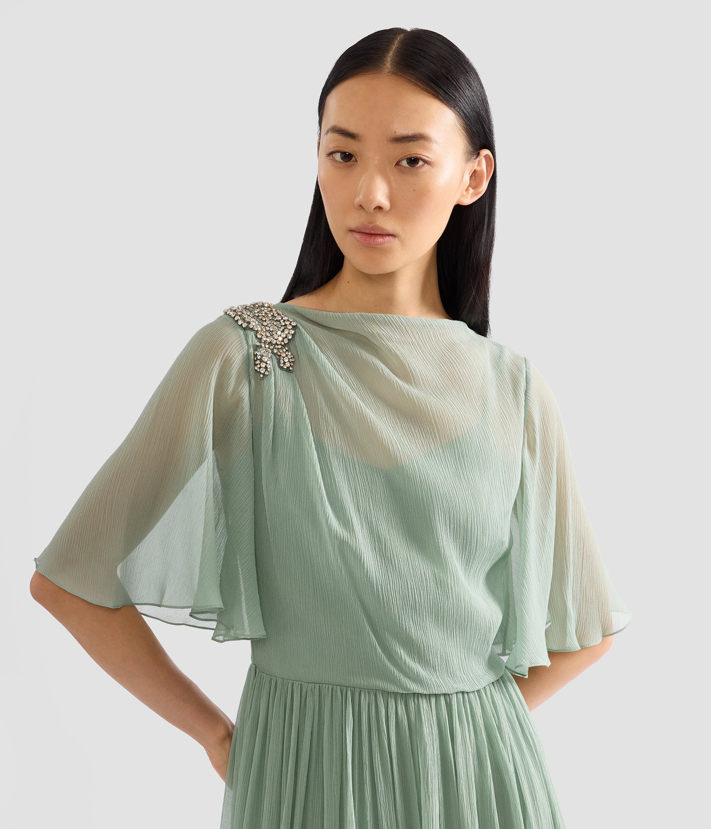 Embellished Silk Creponne Short Sleeve Midi Dress