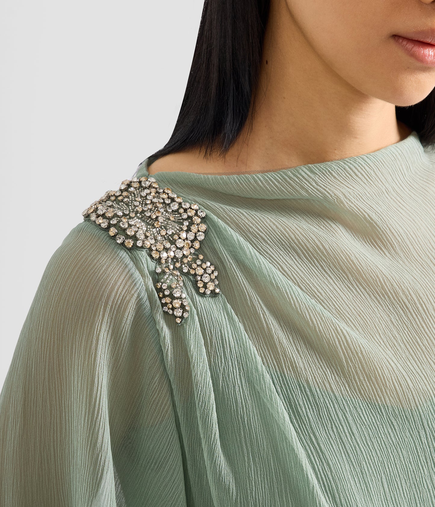 Embellished Silk Creponne Short Sleeve Midi Dress