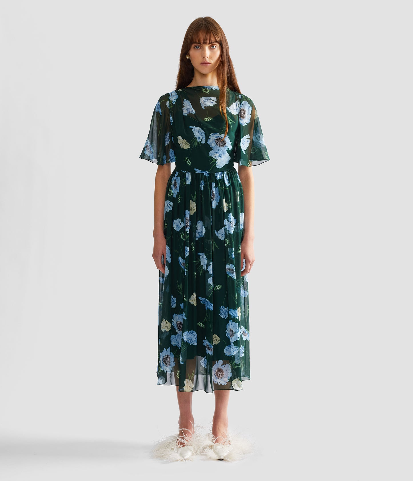 Floral Silk Voile Short Sleeve Midi Dress