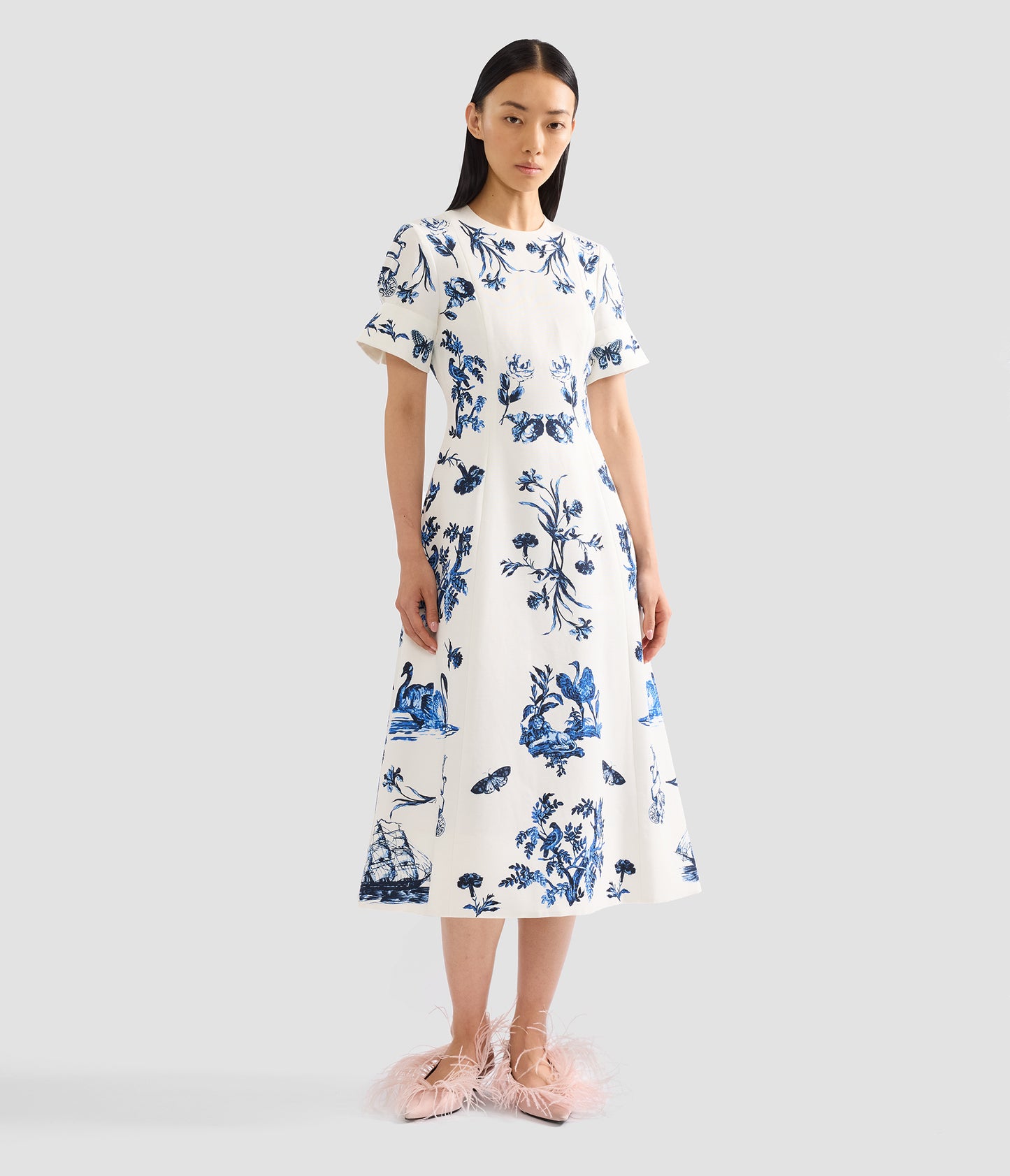 Floral Cotton Faille Short Sleeve Midi Dress