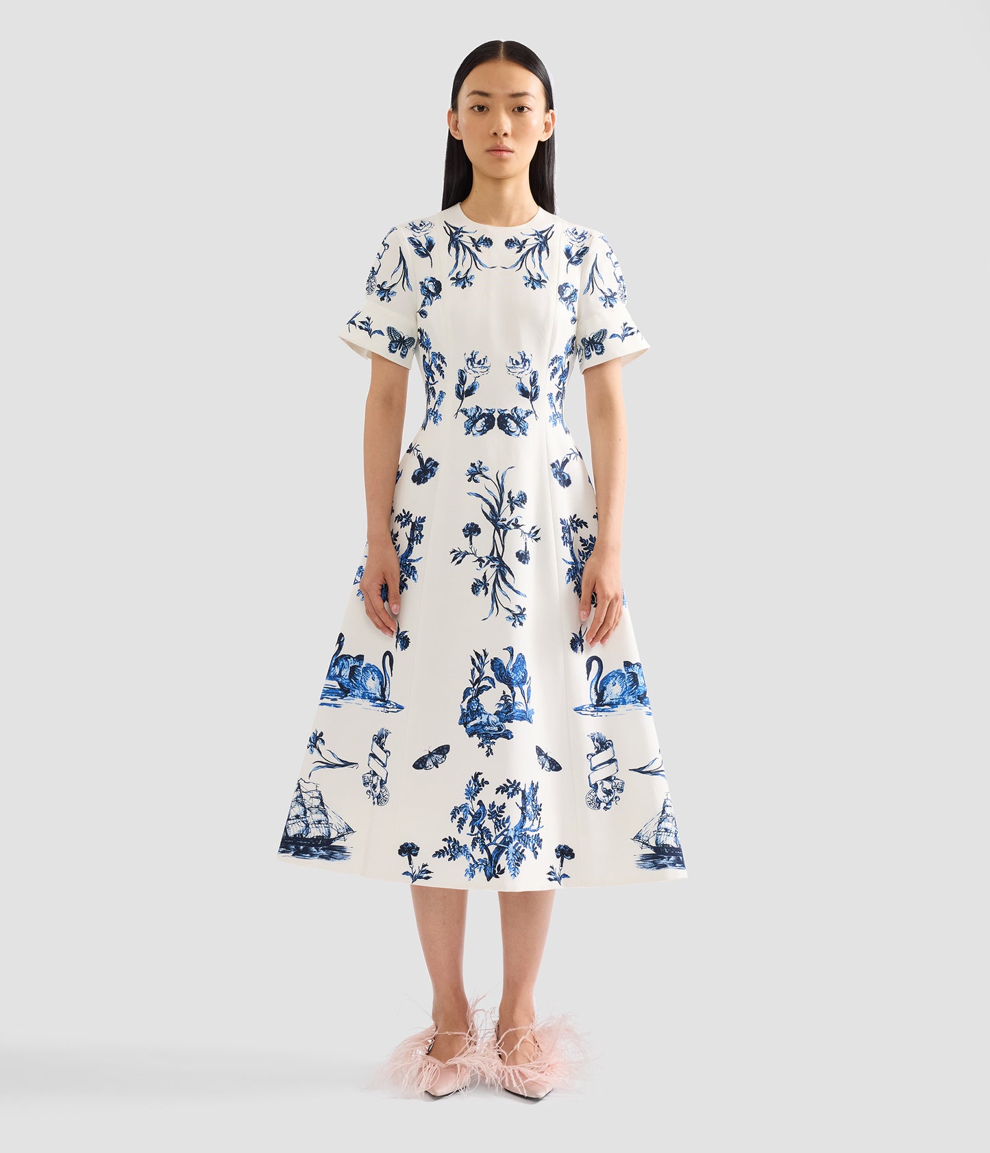 Floral Cotton Faille Short Sleeve Midi Dress