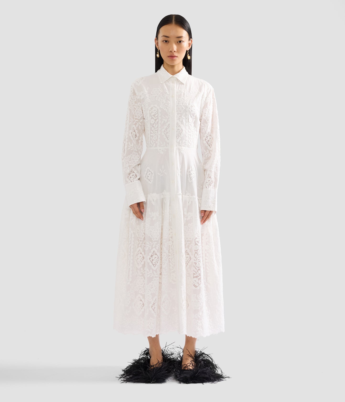 Embroidered Cotton Long Sleeve Shirt Dress