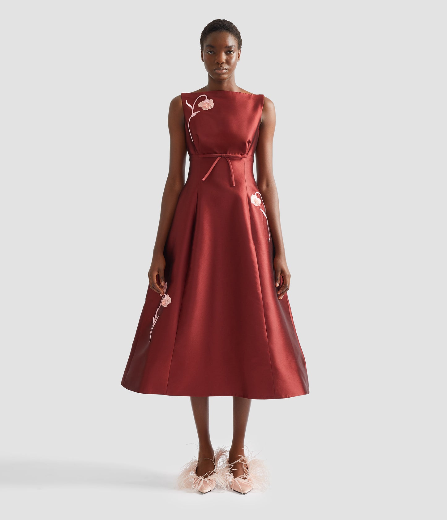 Embroidered Mikado Sleeveless Midi Dress