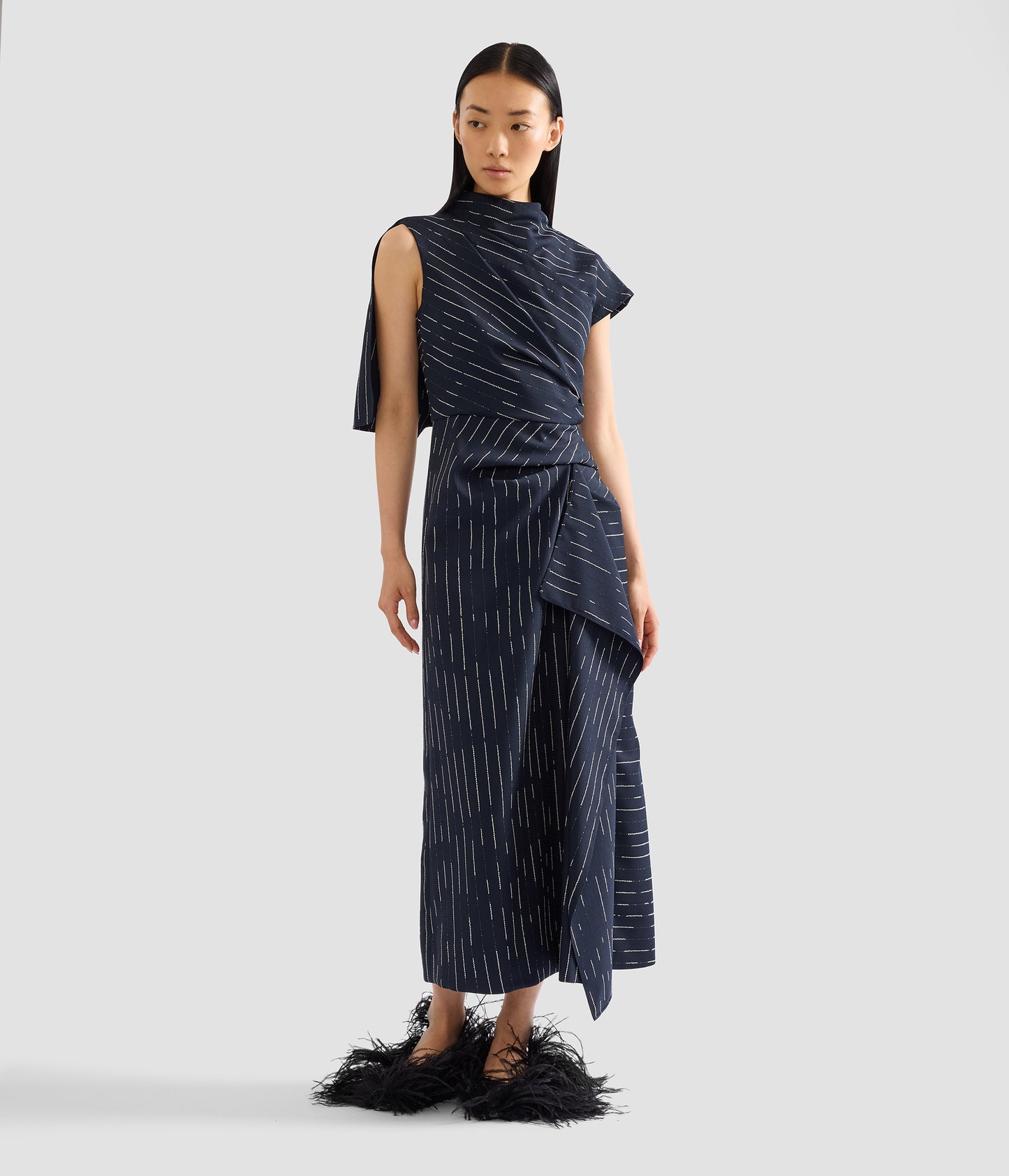 Stripe Tailoring Draped Midi Dress
