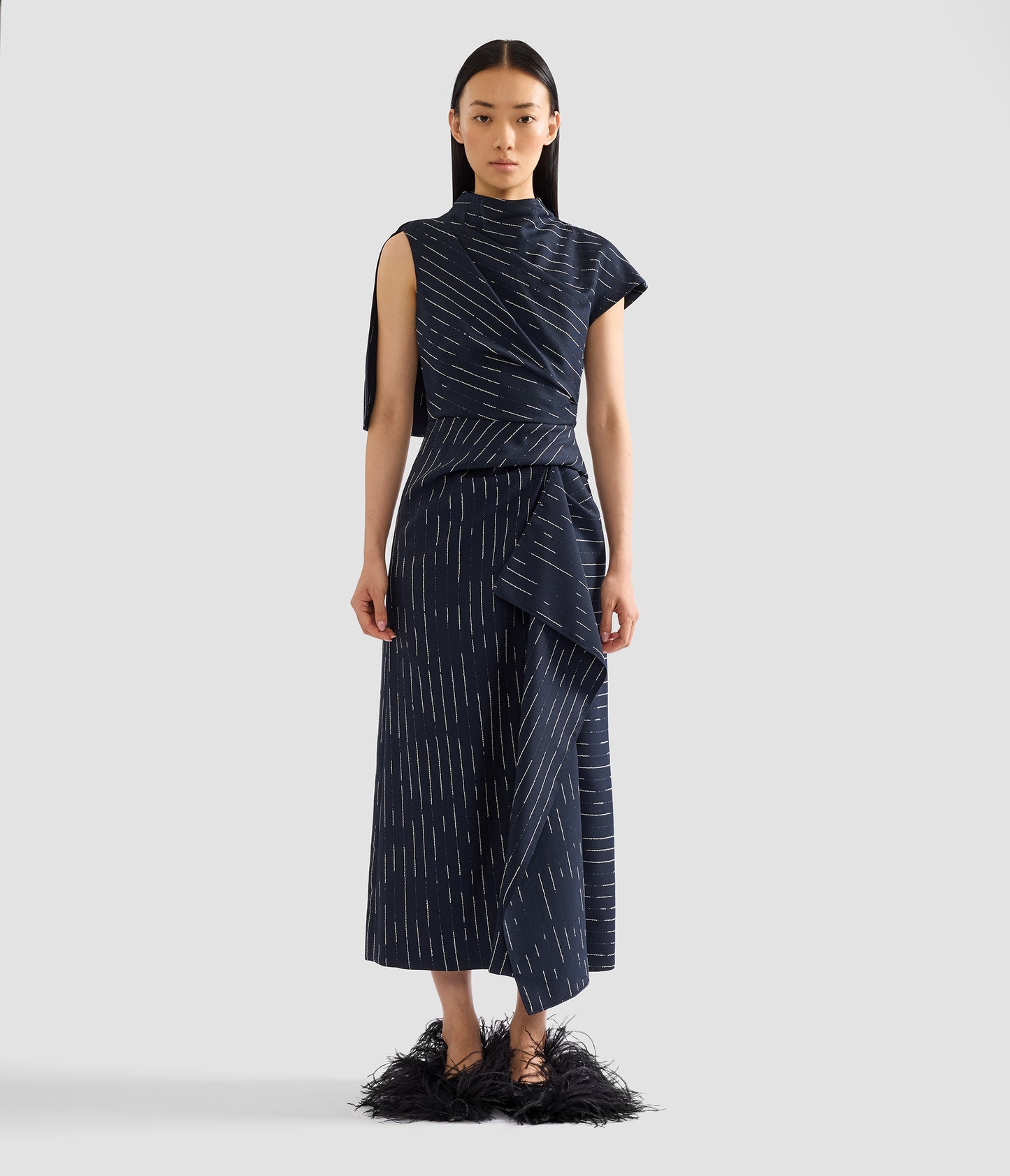 Stripe Tailoring Draped Midi Dress
