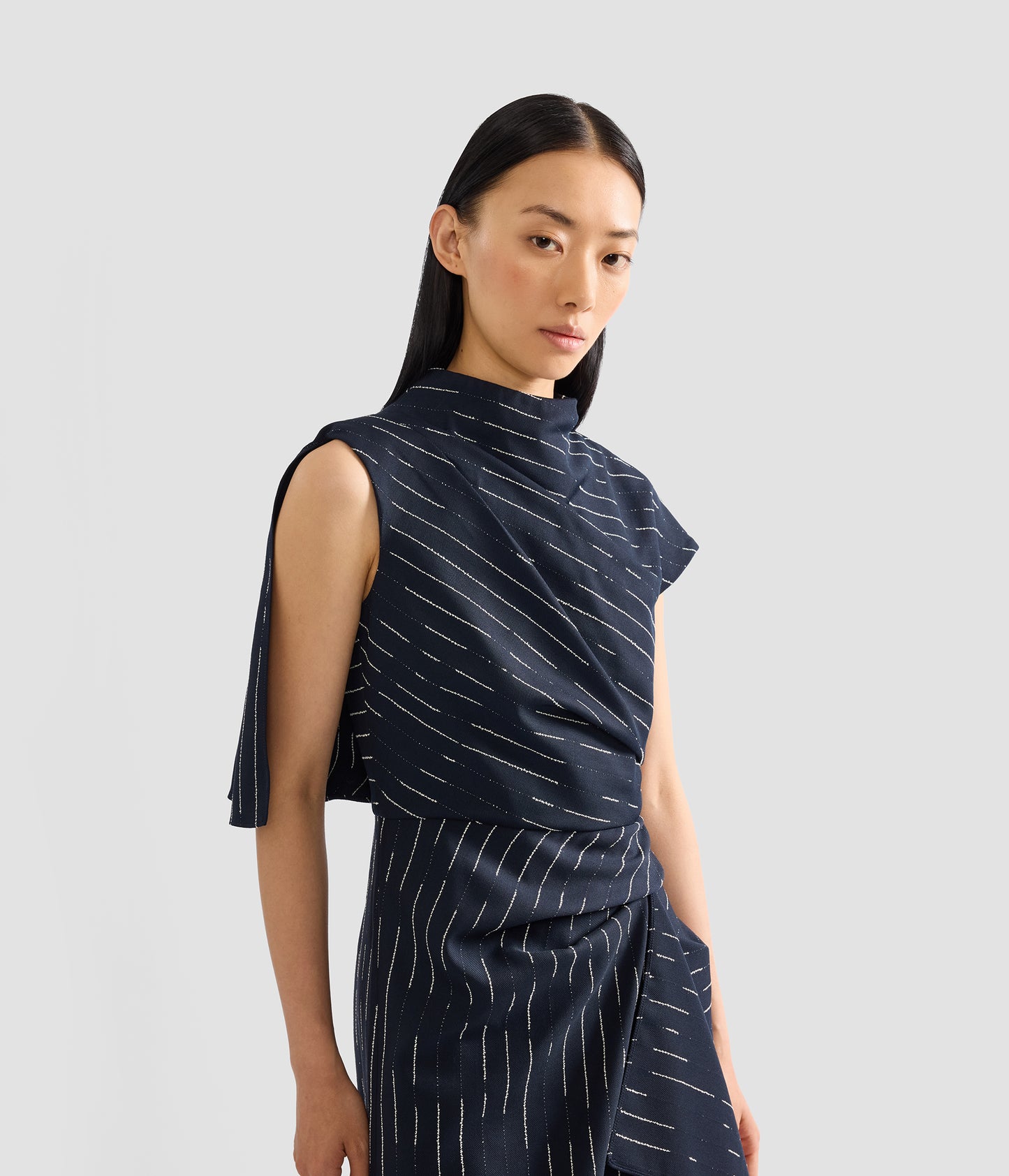 Stripe Tailoring Draped Midi Dress
