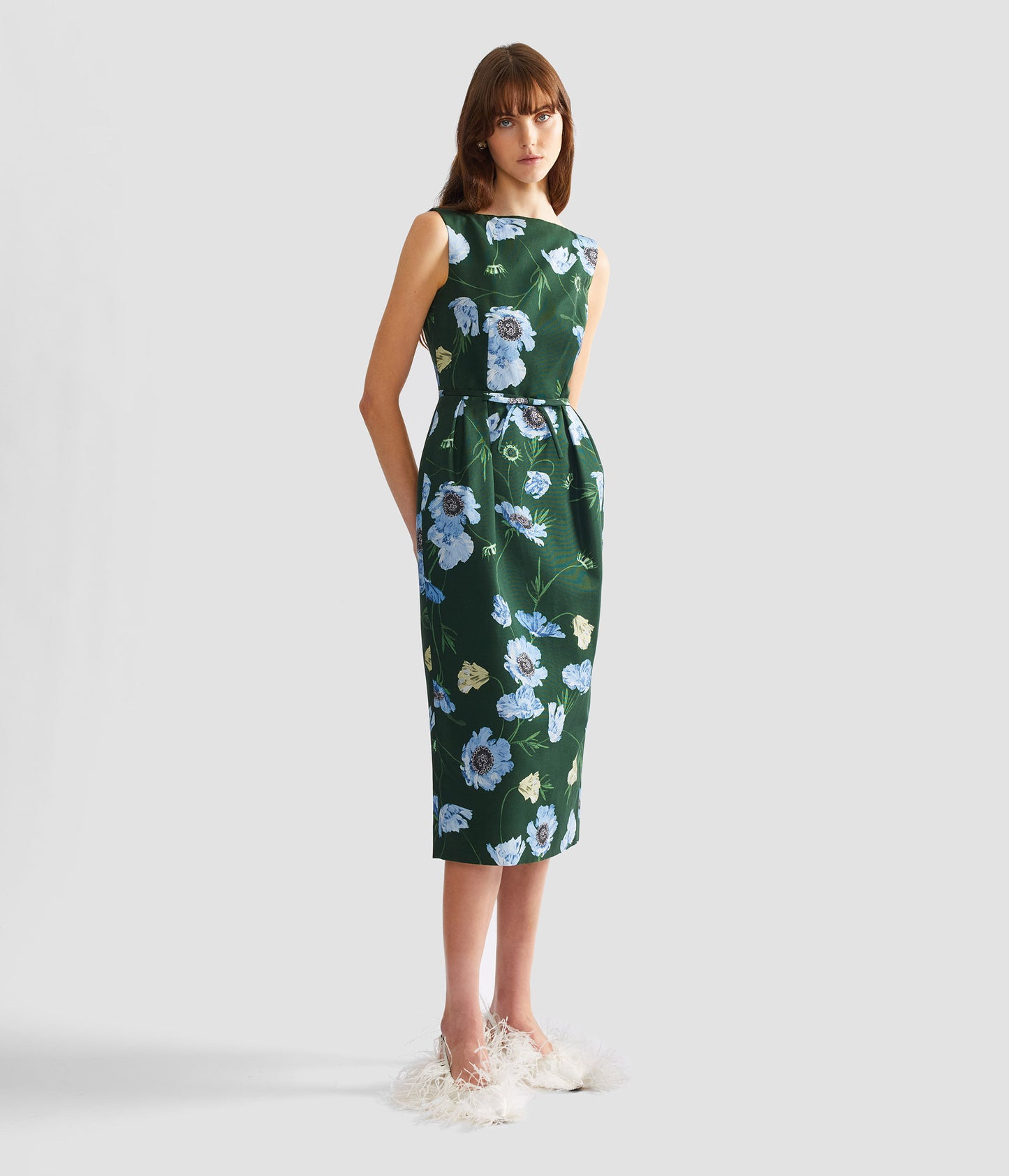 Floral Cotton Faille Sleeveless Midi Pencil Dress