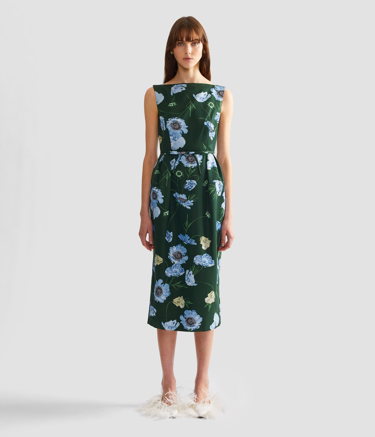 Floral Cotton Faille Sleeveless Midi Pencil Dress