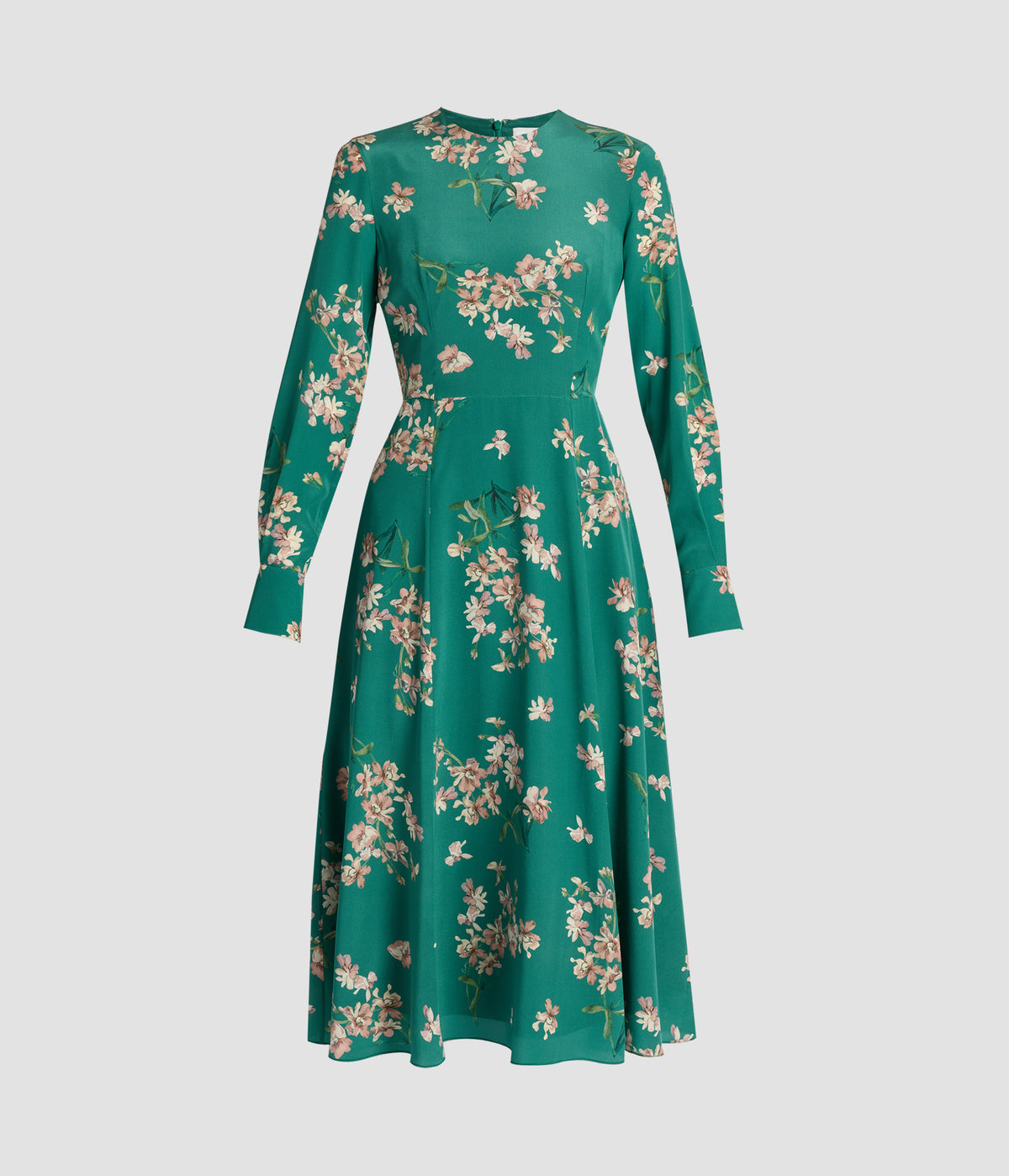 Floral Crepe De Chine Long Sleeve Midi Dress