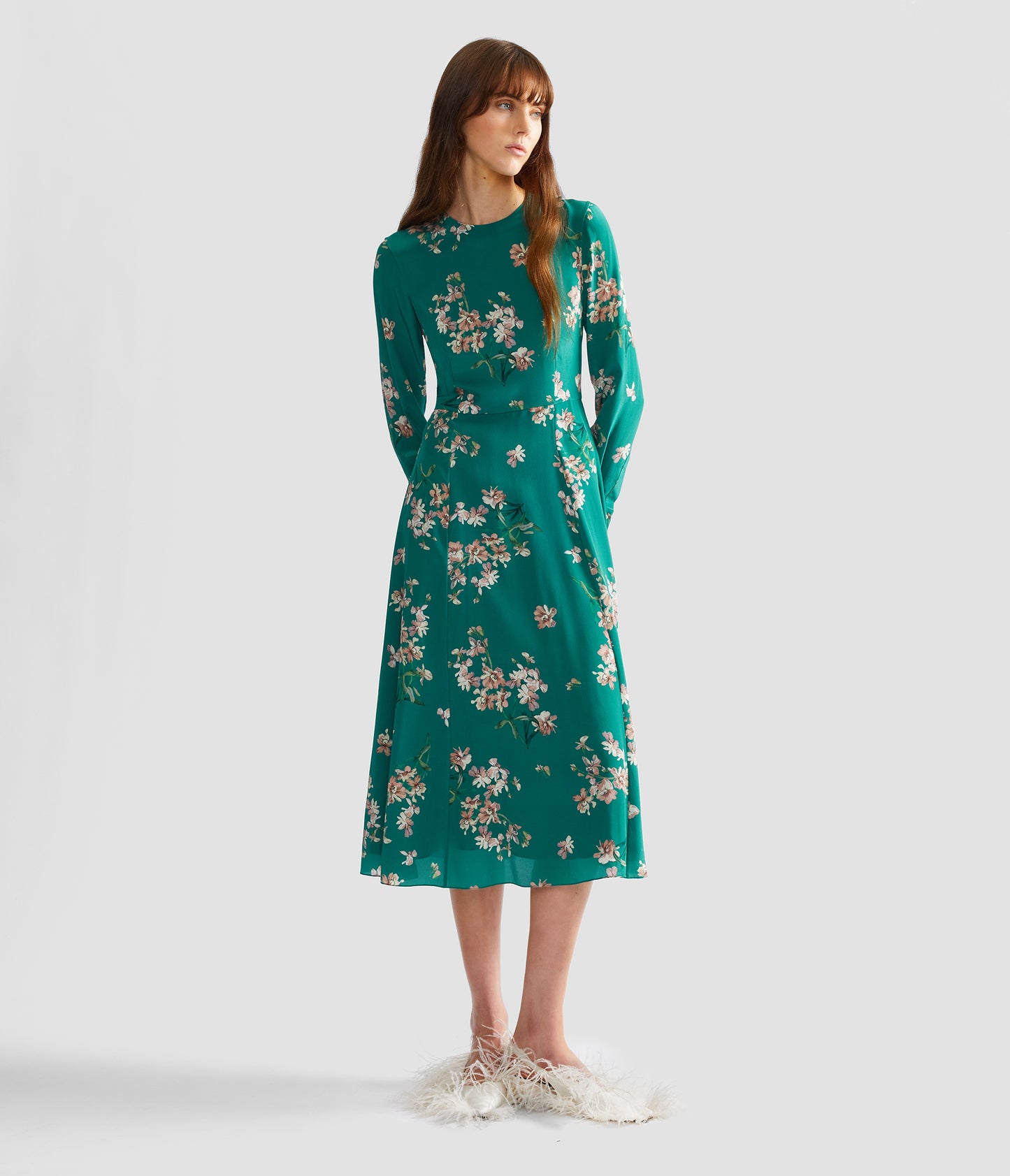 Floral Crepe De Chine Long Sleeve Midi Dress