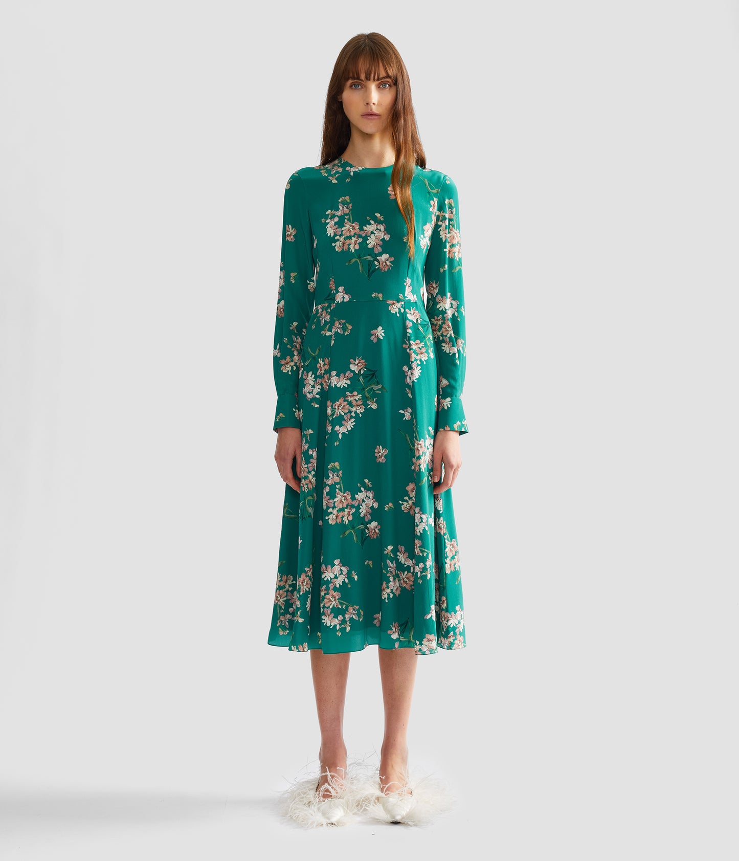 Floral Crepe De Chine Long Sleeve Midi Dress