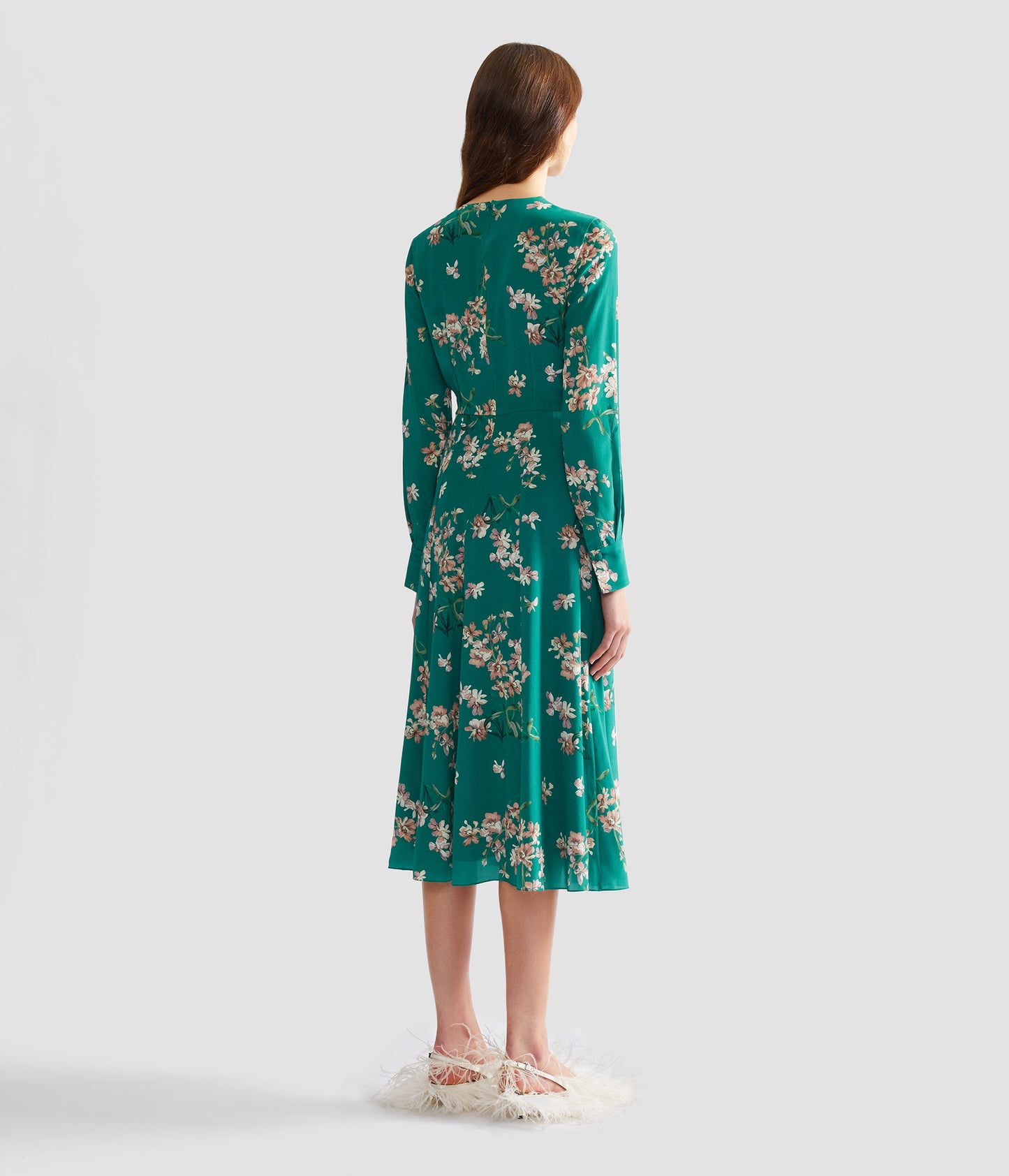 Floral Crepe De Chine Long Sleeve Midi Dress
