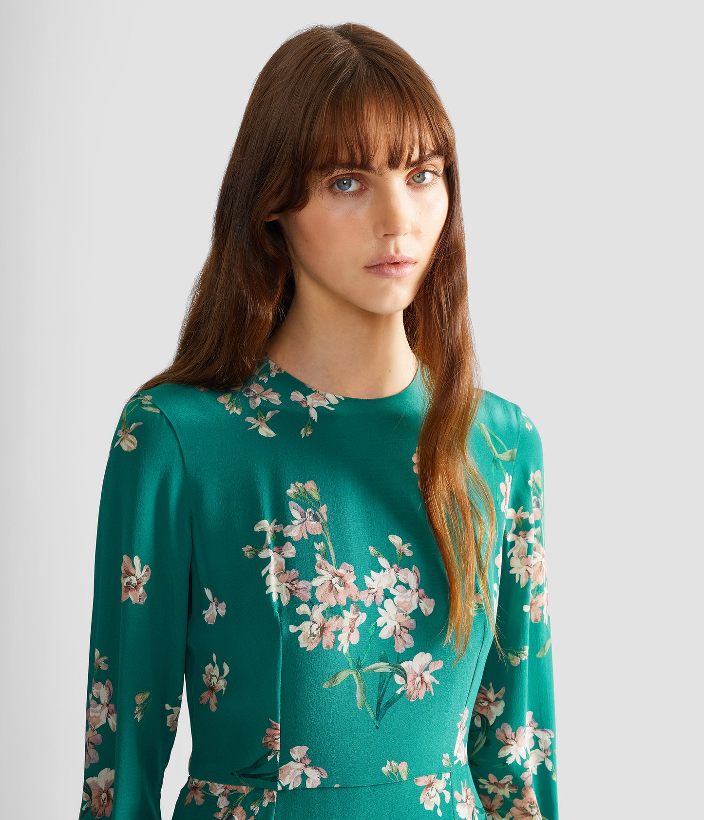 Floral Crepe De Chine Long Sleeve Midi Dress