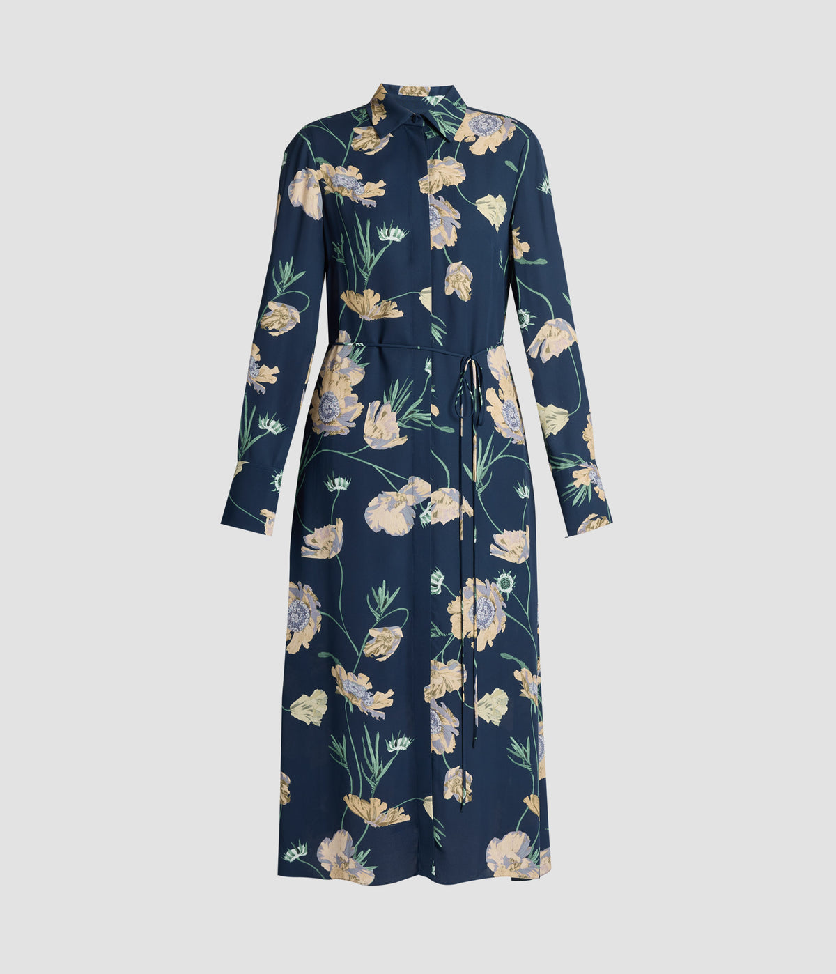Floral Crepe Long Sleeve Midi Shirt Dress
