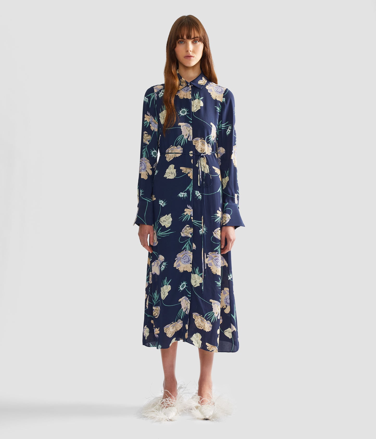 Floral Crepe Long Sleeve Midi Shirt Dress