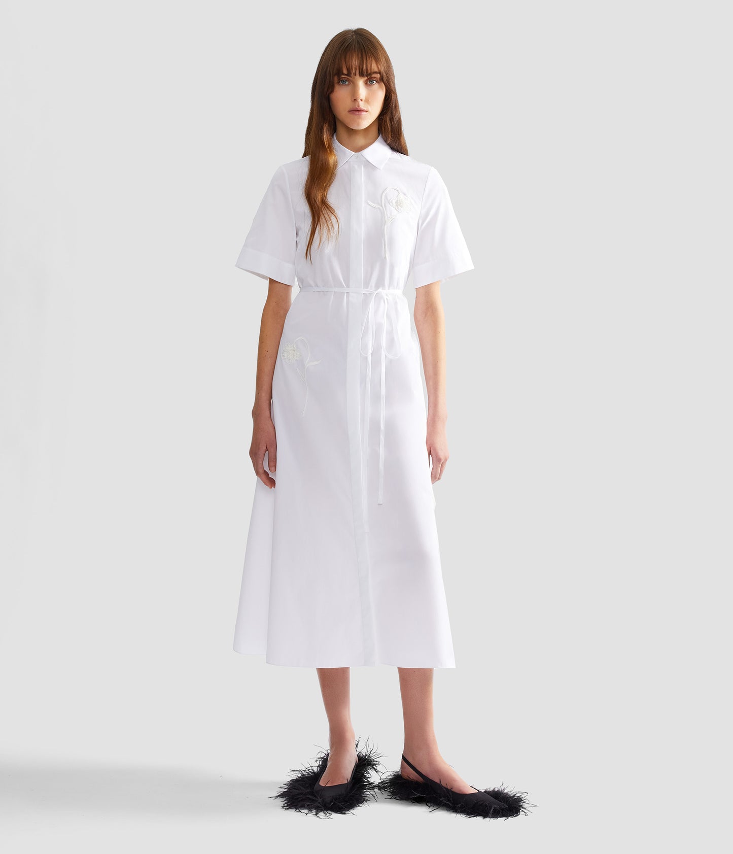 Embroidered Cotton Poplin Midi Shirt Dress