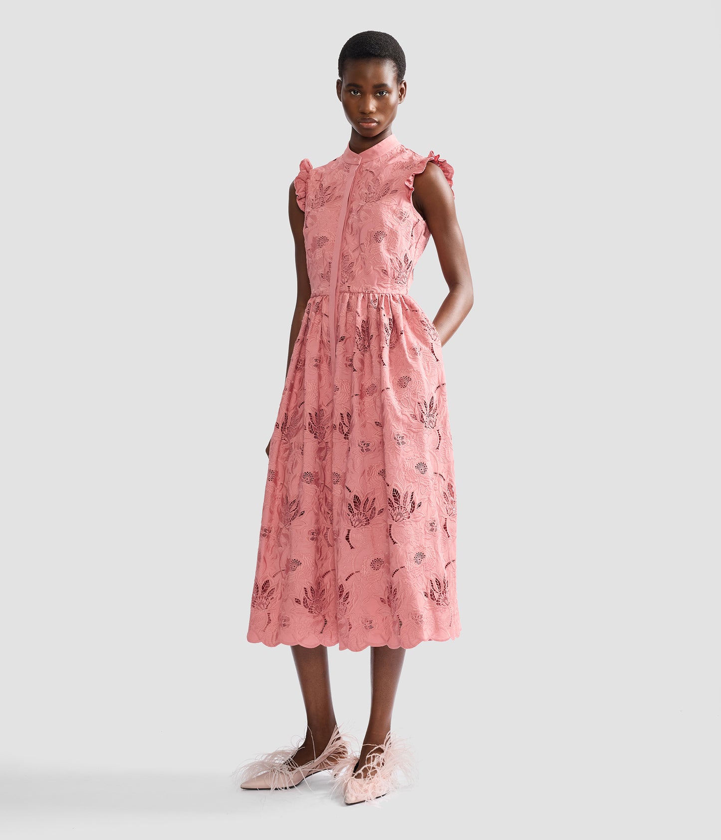 Floral Cotton Cutwork Sleeveless Midi Dress