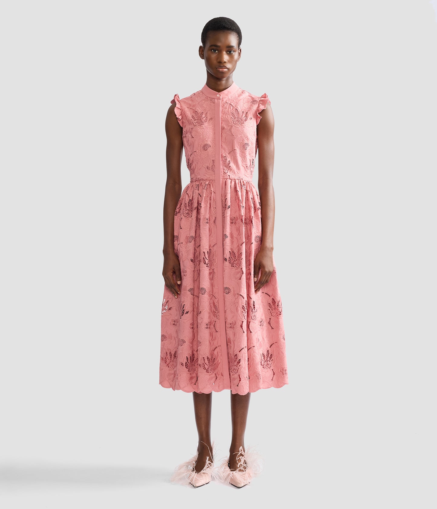Floral Cotton Cutwork Sleeveless Midi Dress