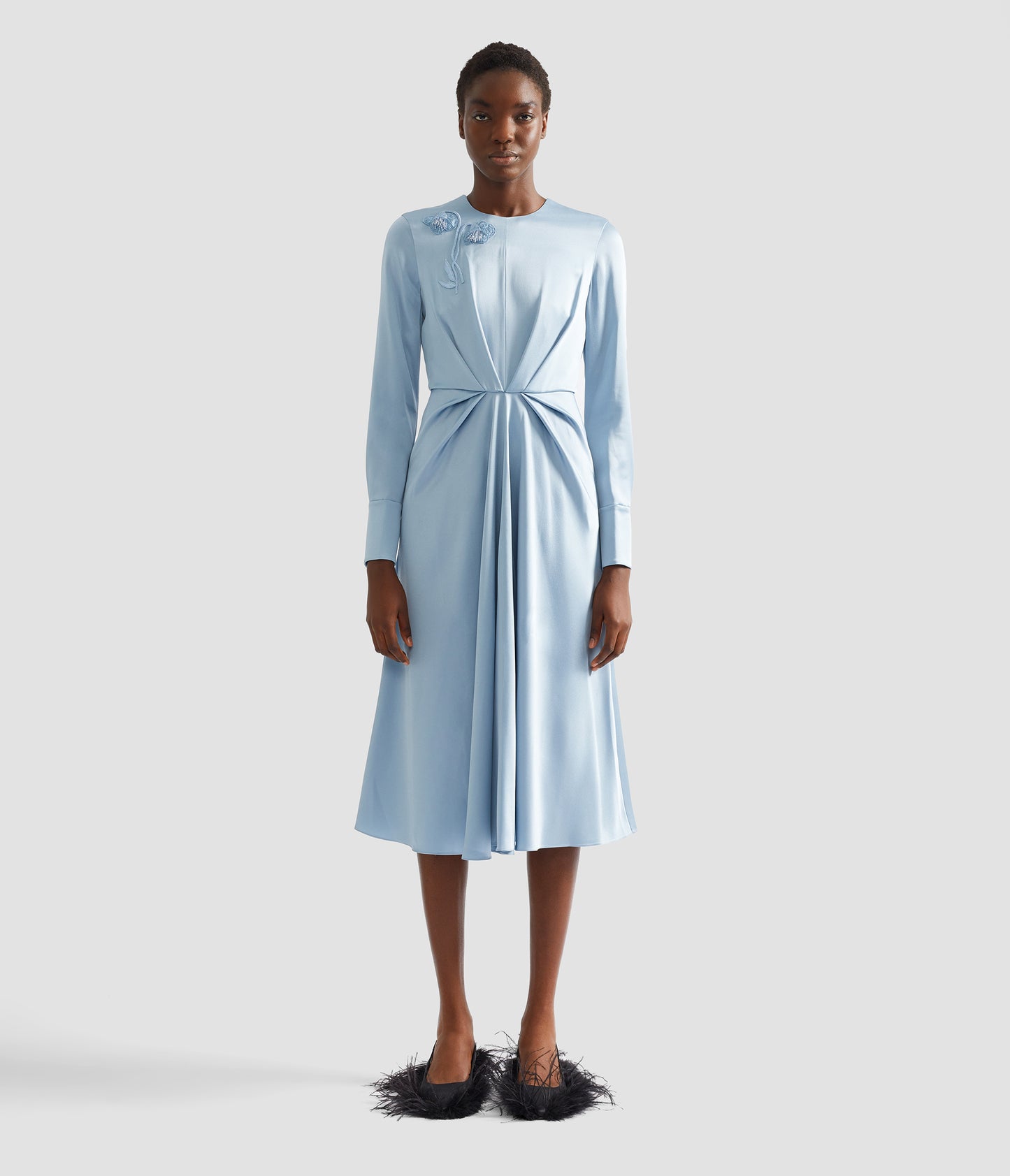 Embroidered Long Sleeve Draped Midi Dress