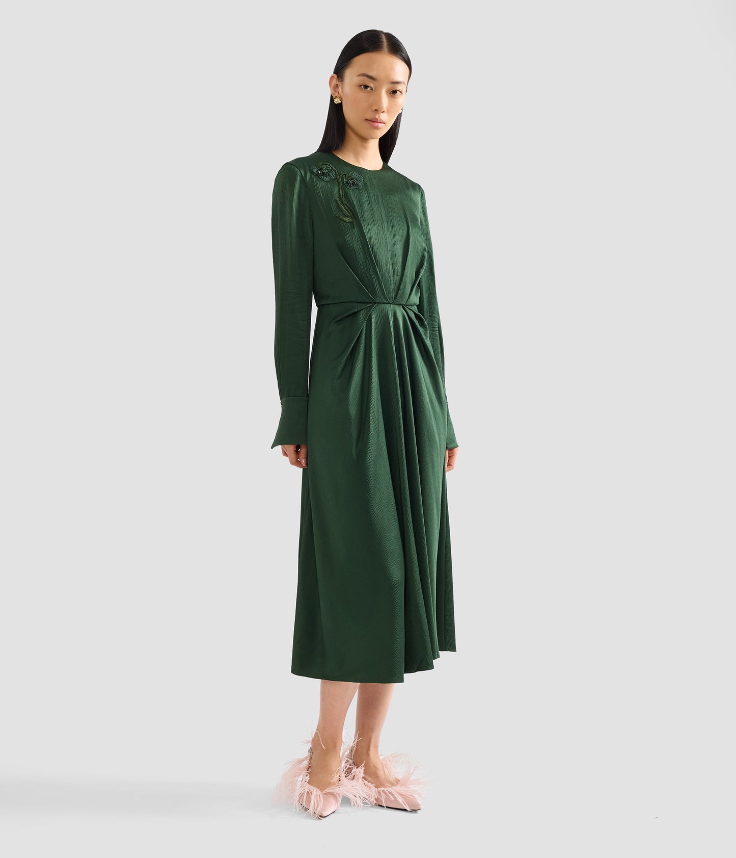 Satin Seersucker Draped Midi Dress