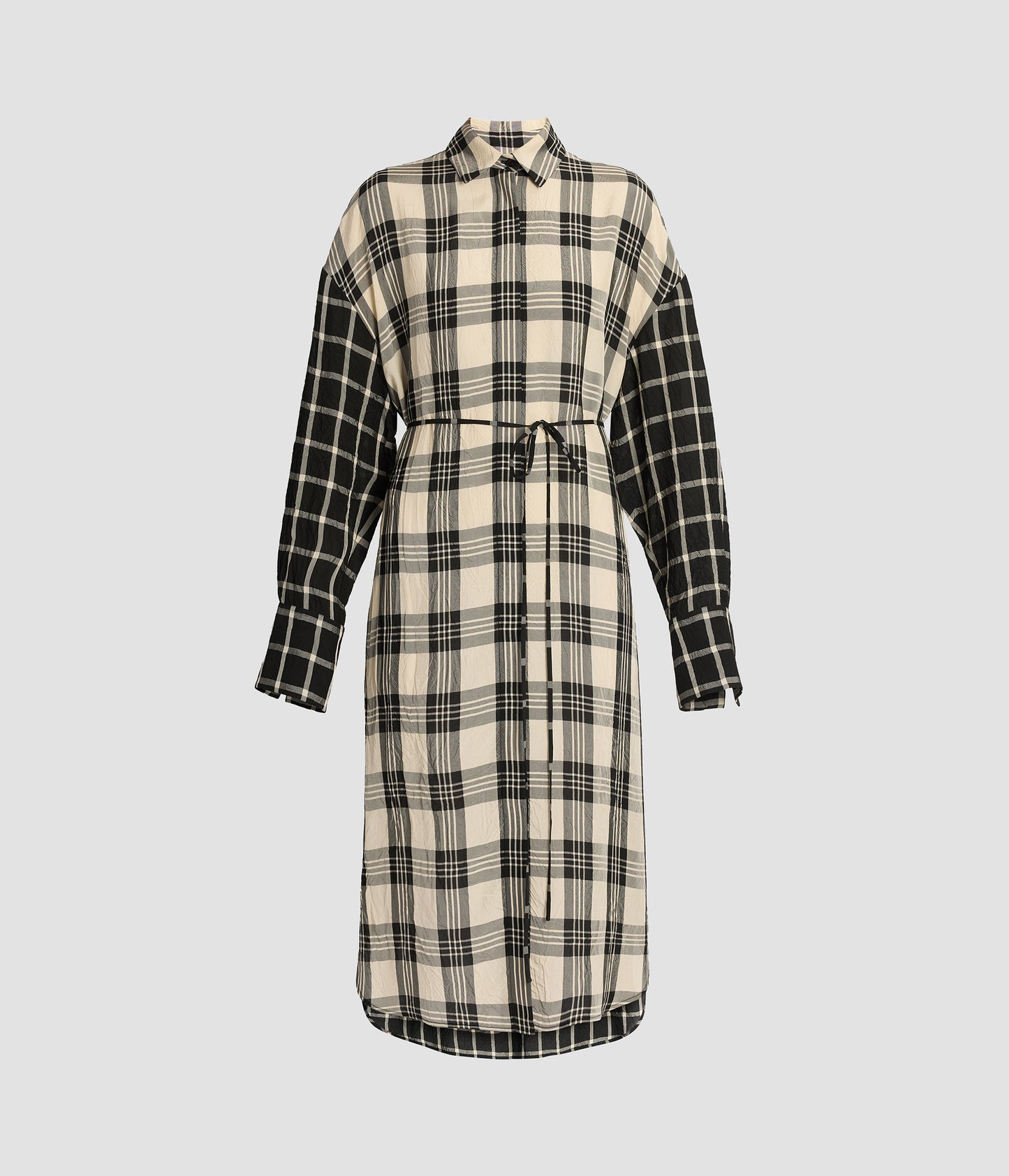Crushed Window Check Long Sleeve Midi Dress