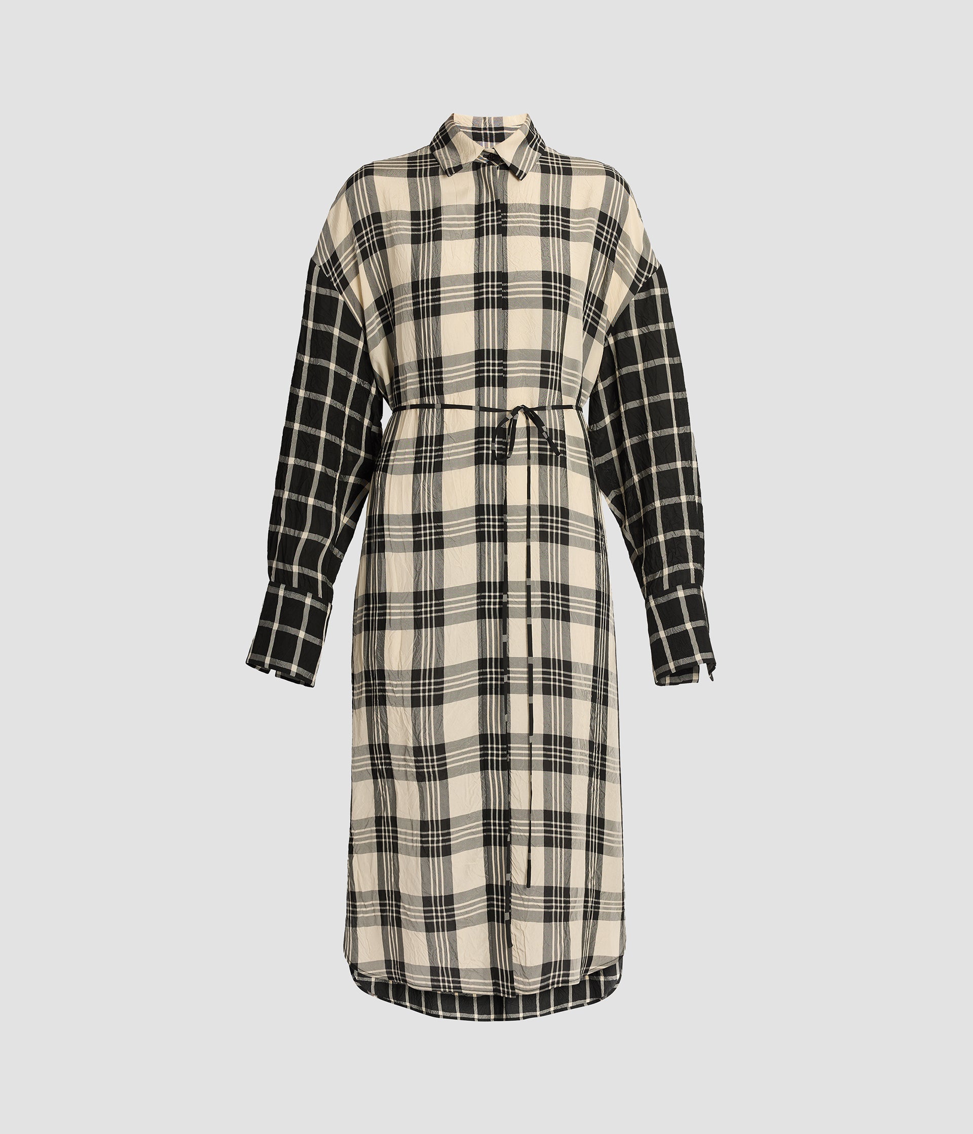 Crushed Window Check Long Sleeve Midi Dress