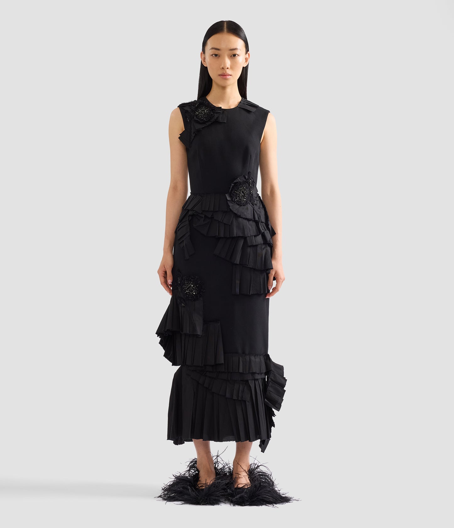 Embroidered Grain De Poudre Midi Pencil Dress