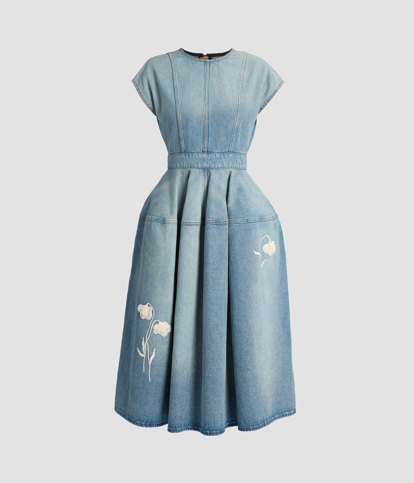 Embroidered Denim Short Sleeve Midi Dress