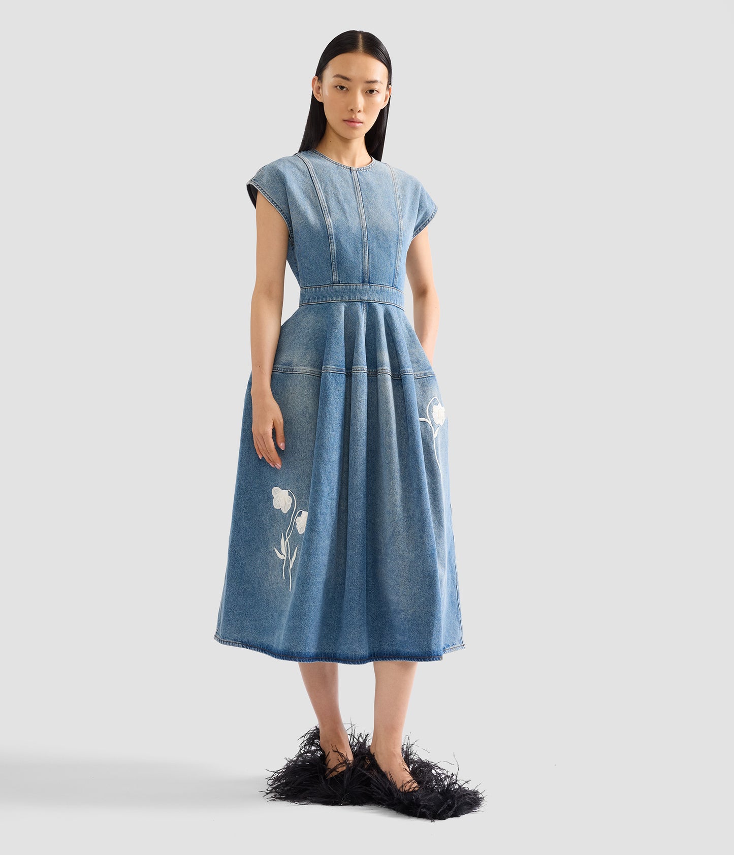 Embroidered Denim Short Sleeve Midi Dress