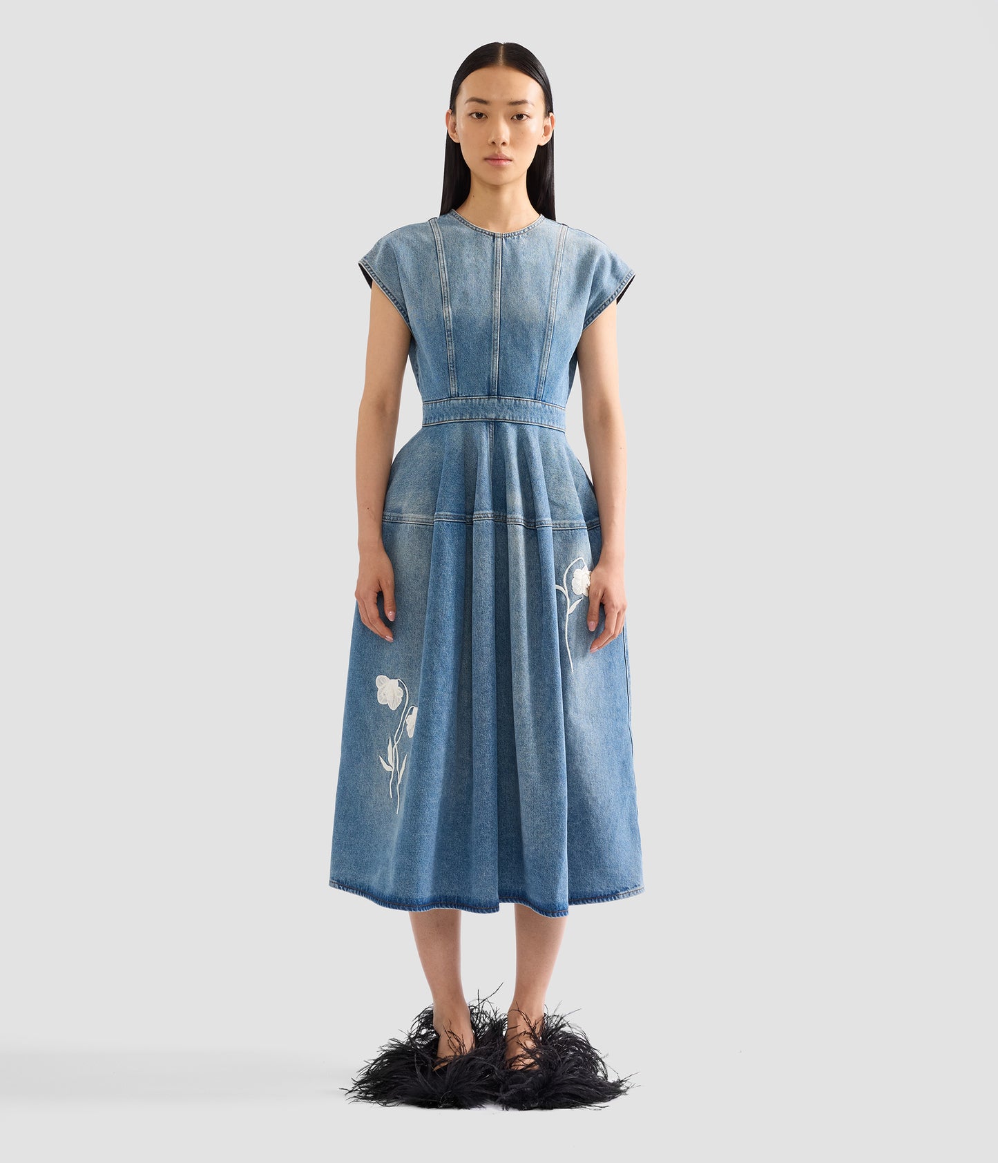 Embroidered Denim Short Sleeve Midi Dress