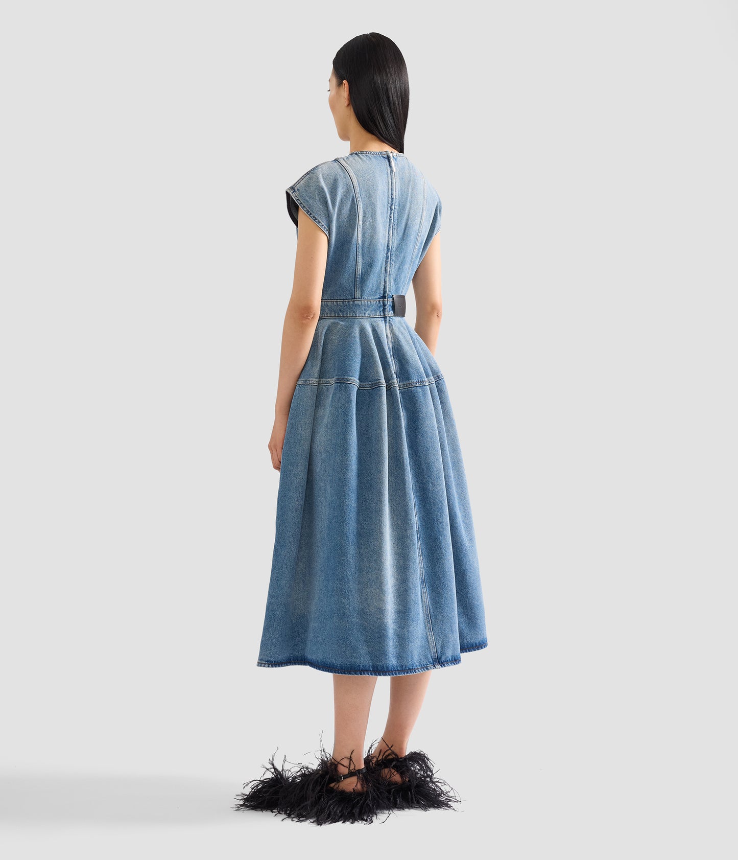 Embroidered Denim Short Sleeve Midi Dress