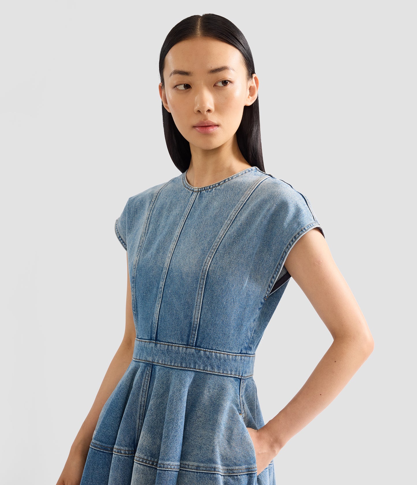 Embroidered Denim Short Sleeve Midi Dress