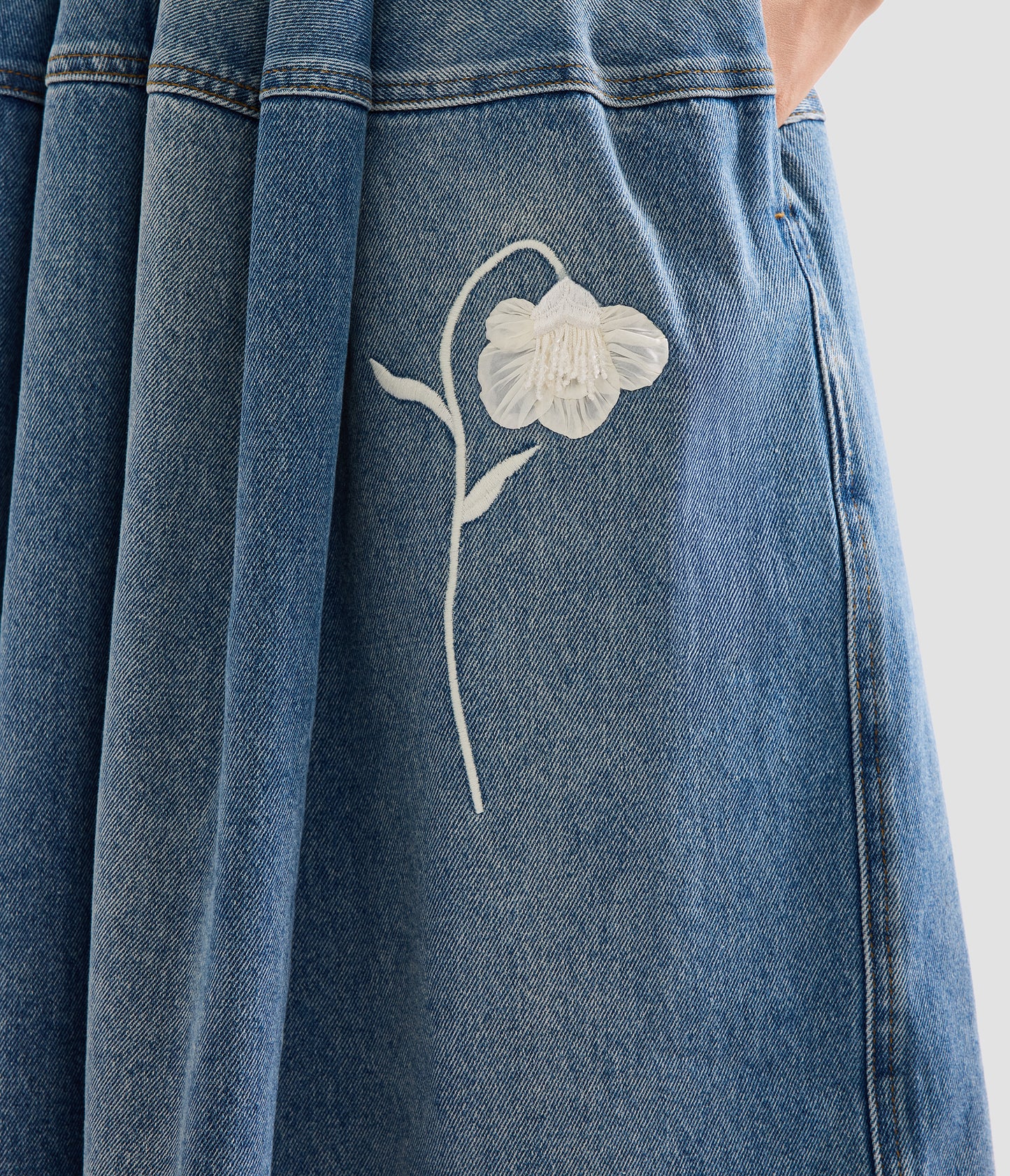 Embroidered Denim Short Sleeve Midi Dress