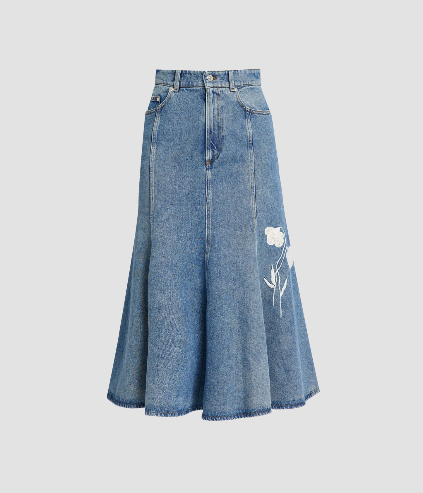 Embroidered Denim Midi Skirt