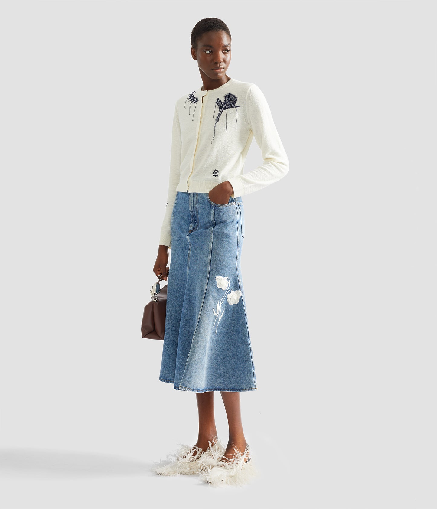 Embroidered Denim Midi Skirt