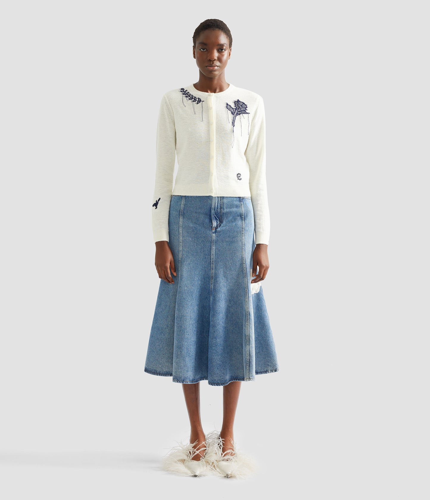 Embroidered Denim Midi Skirt
