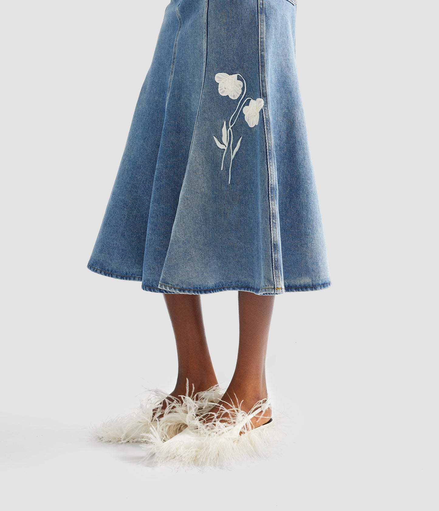 Embroidered Denim Midi Skirt