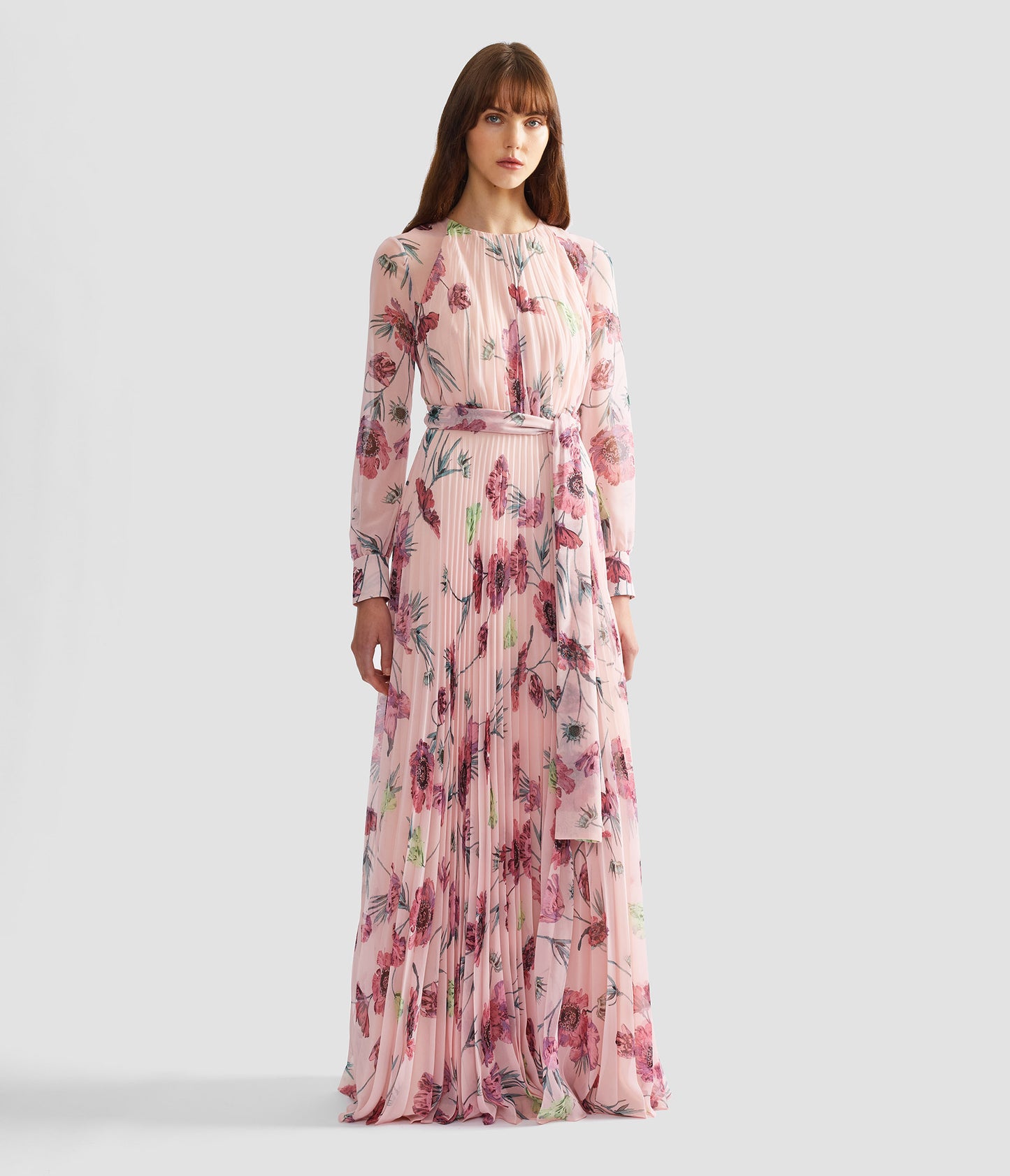 Floral Pleatable Voile Long Sleeve Gown